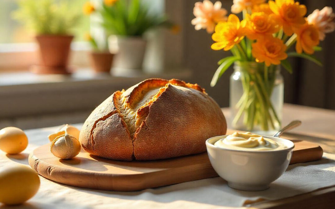 Ein­fa­ches Din­kel-Rog­gen-Brot mit Curry-Dattel-Dip