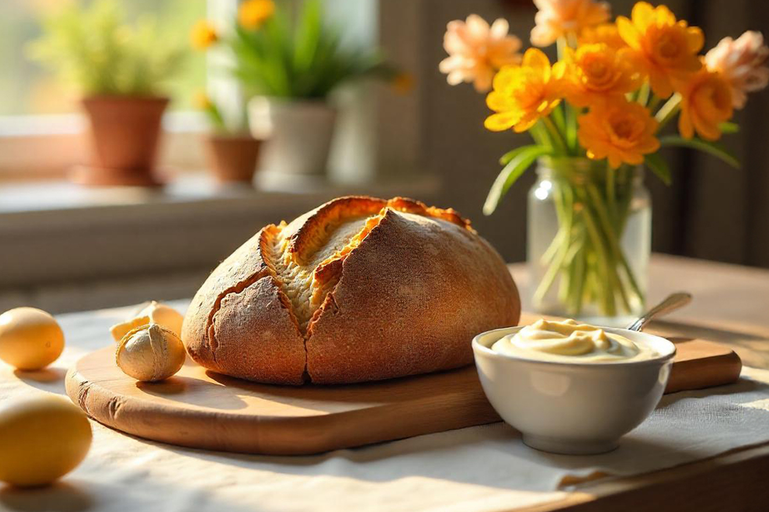 Selbstgebackenes Dinkel-Roggen-Brot mit Curry Dattel Dip - Rezept von TeVi für deinen perfekten Osterbrunch
